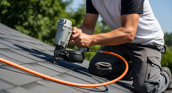 Professional roofer installing asphalt shingles with pneumatic nail gun | Residential roof repair and replacement project | Skilled contractor working on new roof construction