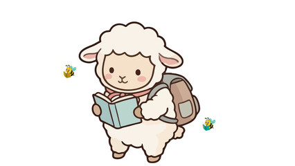 Cute Lamb Reading Book Cartoon - Adorable lamb cartoon holding a book and reading peacefully, perfect for children literacy and education themes.