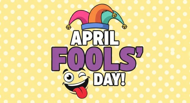 Colorful april fools day graphic with jester hat and smiling face on yellow polka dot background