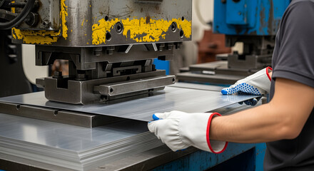 Industrial Metal Punching Machine Operation | Worker Operating Sheet Metal Press | Manufacturing Factory Production Process | Safety Gloves Metal Fabrication | Heavy Machinery Metalwork Industry