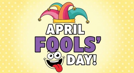 Fototapeta premium April fools day colorful illustration with jester hat and cartoon character on yellow background