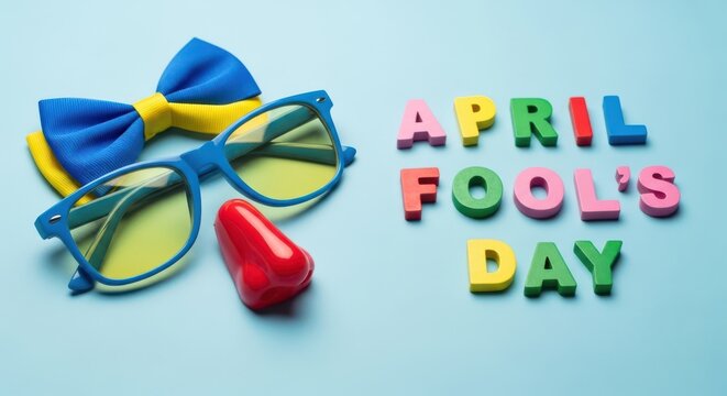 Colorful april fools day prank accessories on light blue background