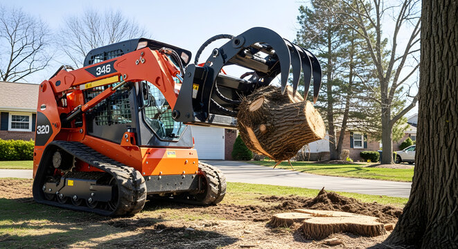 Compact Track Loader Tree Removal Service | Skid Steer Grapple Attachment Lifting Logs | Residential Landscaping Log Clearing | Heavy Equipment Tree Debris Management