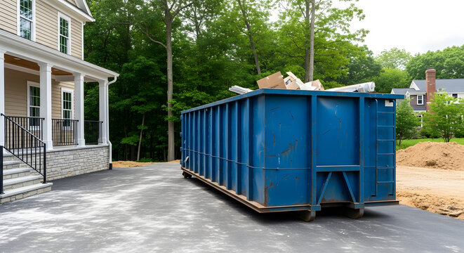 Large Blue Roll-Off Dumpster Rental | Residential Construction Debris Removal | Home Renovation Waste Management | Outdoor Junk Removal Container at Property