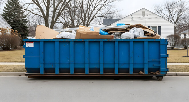 Residential Blue Dumpster Overflowing with Trash | Large Waste Container for Home Renovation Debris | Full Roll-Off Dumpster on Suburban Street | Cardboard and General Rubbish Disposal Solution