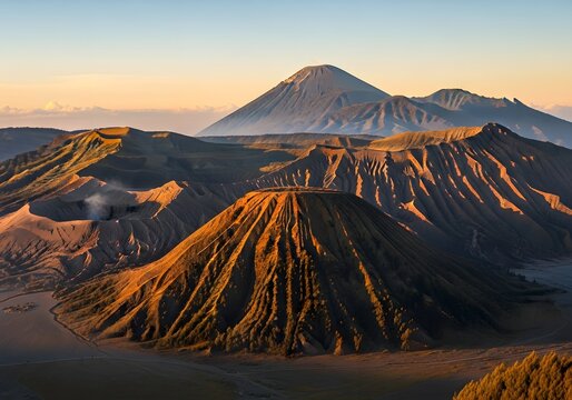 Majestic Volcanic Landscape at Sunrise with Golden Light and Textured Mountain Ridges