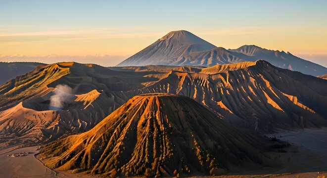 Majestic Volcanic Landscape at Sunrise with Golden Light and Textured Mountain Ridges