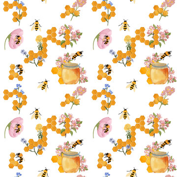 Seamless surface pattern with a hand drawn honeybee floral theme. Repeating, tillable, wallpaper background 
