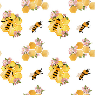Seamless surface pattern with a hand drawn honeybee floral theme. Repeating, tillable, wallpaper background 
