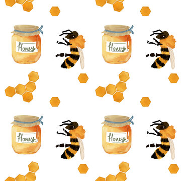 Seamless surface pattern with a hand drawn honeybee floral theme. Repeating, tillable, wallpaper background 

