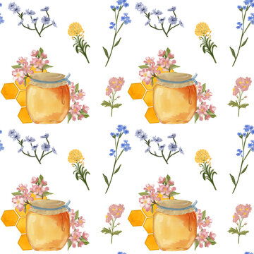 Seamless surface pattern with a hand drawn honeybee floral theme. Repeating, tillable, wallpaper background 
