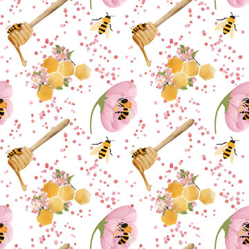 Seamless surface pattern with a hand drawn honeybee floral theme. Repeating, tillable, wallpaper background 
