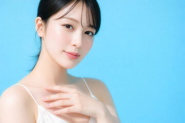 透明感のある素肌とやわらかな微笑みが魅力的な若い日本人女性のビューティーポートレート、爽やかなブルー背景のコピースペースでスキンケア・コスメ広告に使える上質な美容バナー素材