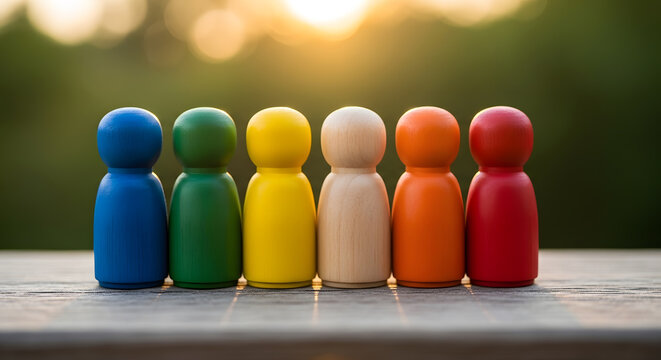 Colorful diverse wooden people figurines representing unity | Inclusion and equality in community building | Teamwork and collaboration concept with multi-ethnic group | Diverse community standing tog
