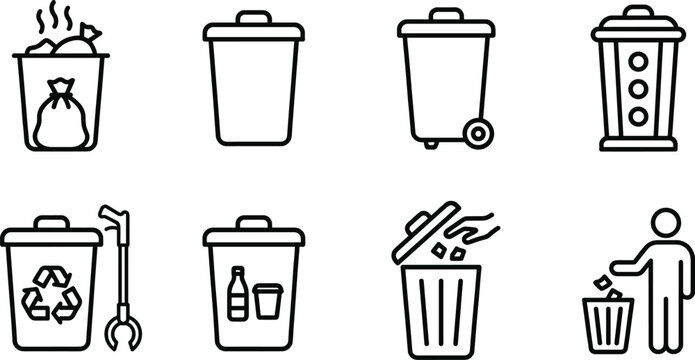 Trash and recycling bin line icons set with garbage container recycle symbol waste disposal and sanitation vector illustration
