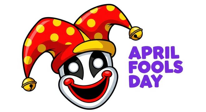 April fools day illustration with a jester face and colorful hat on white background