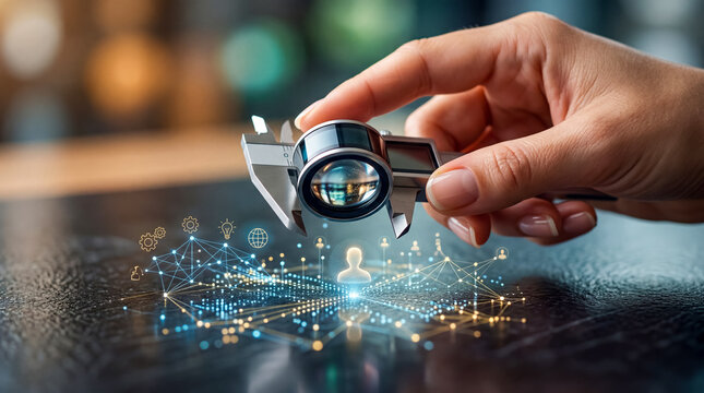 Precision measurement tool digital display held by a hand with network graphic visualization connecting icons representing data