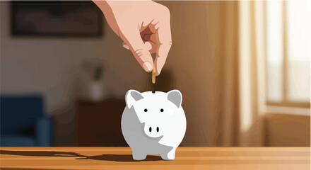 Hand depositing a coin into a piggy bank, symbolizing saving money and financial growth © onepixland
