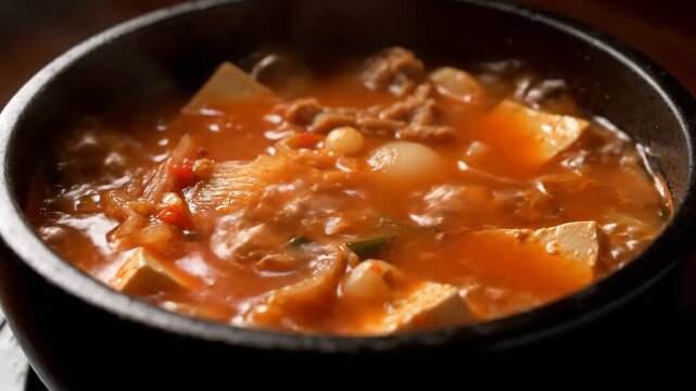 Korean kimchi jjigae stew bubbling in clay pot close-up macro food video