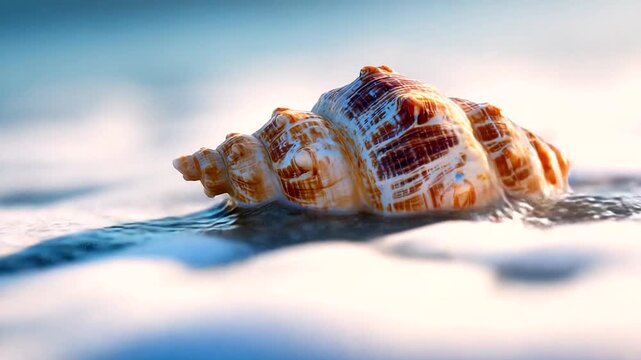 Beautiful seashell resting on sandy beach with waves