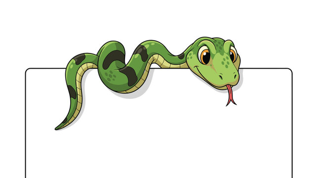 Friendly green snake character with black spots peeking over a white border and sticking its tongue out with a playful expression.