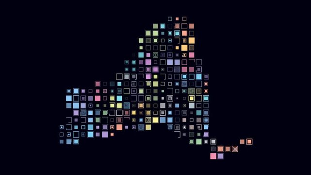New York animated shape. Pulsating colored dots on the map of the state. Large size square blocks. Digital style New York map on dark background. Classy animation video.