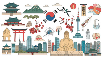 Fototapeta premium Extensive collection of South Korea landmarks and cultural symbols including temples, cherry blossoms, a magpie, and modern Seoul cityscapes.
