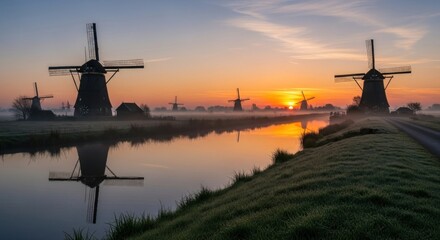A serene landscape of traditional windmills standing beside a calm canal at sunset