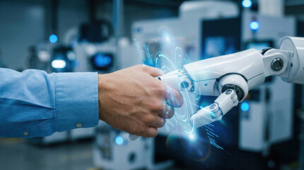 Fototapeta premium Robot shaking human hand in futuristic factory with glowing hologram interface