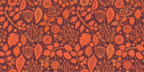 A vibrant repeating pattern of stylized leaves flowers and berries © Prince