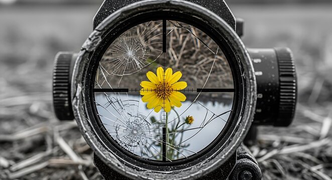 ellow Wildflower Reflected in Broken Sniper Scope Lens Against Blurred Black and White War Field &mdash; Powerful Metaphor of Peace Over Violence