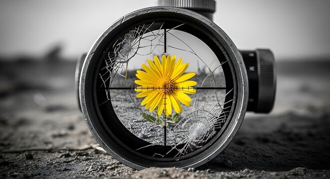 ellow Wildflower Reflected in Broken Sniper Scope Lens Against Blurred Black and White War Field &mdash; Powerful Metaphor of Peace Over Violence