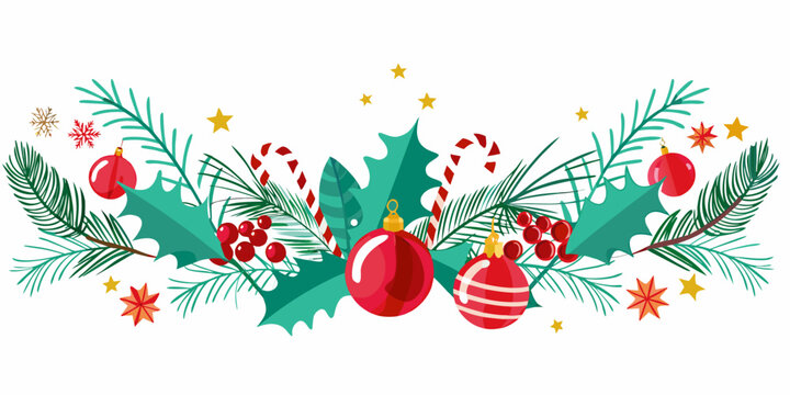 Festive christmas arrangement with holly ornaments and candy canes