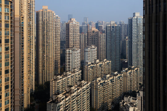Dense urban city planning with many high rise buildings in Chongqing, China