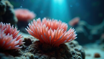 Vibrant orange coral blossoms under ethereal blue underwater light shafts creating a tranquil marine ecosystem scene