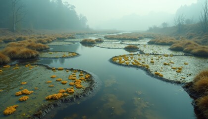 Misty Swamp Landscape With Reflecting Water And Golden Vegetation On A Foggy Morning With Detailed Water Reflections