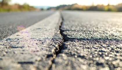 Fototapeta premium Journey's Divide: A low-angle shot showcases a detailed perspective of a cracked asphalt road, the stark line of separation emphasized in sharp focus, capturing the essence of a journey's path.