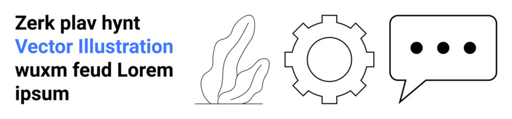 Communication, technology, nature, digital innovation, automation, teamwork. Gear, abstract plant and speech bubble icons with minimalist design. Communication and technology concept