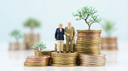 Senior counting pension money on coin stack with tree symbol for savings growth