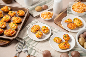 Football watch party appetizer food. Cheesy potato bite finger food