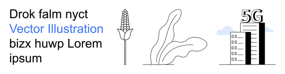 Naklejka premium Agriculture, urban development, technology, high-speed internet, communication, and innovation. Corn plant, stylized foliage and 5G-enabled building. Agriculture and technology symbol