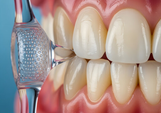 Close-up macro of saliva ejector in use on dental model teeth, isolated on transparent background, showing a common dental procedure and oral care tool.