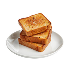 Stack of Golden Brown Toasted Bread Slices on White Plate, Isolated