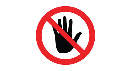A striking red prohibition symbol featuring a black hand silhouette indicating a stop halt or denial silhouette