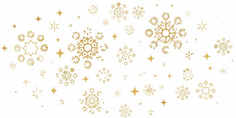 Golden snowflakes and stars scattered across a white background