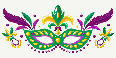 A vibrant mardi gras mask adorned with feathers and colorful beads © Sukla
