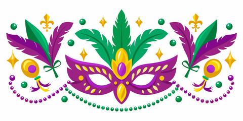 A vibrant mardi gras arrangement featuring a mask feathers and beads © Sukla