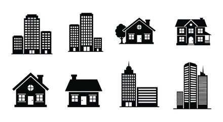 A collection of black building icons including houses and skyscrapers presented as a striking silhouette high quality professional © AL-AMIN