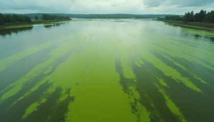 Expansive Water Body Covered in Vibrant Green Algae Under a Cloudy Sky Reflecting Natural Beauty and Environmental