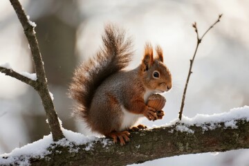 Obraz premium Red squirrel perched on snow-covered branch holding a nut in winter